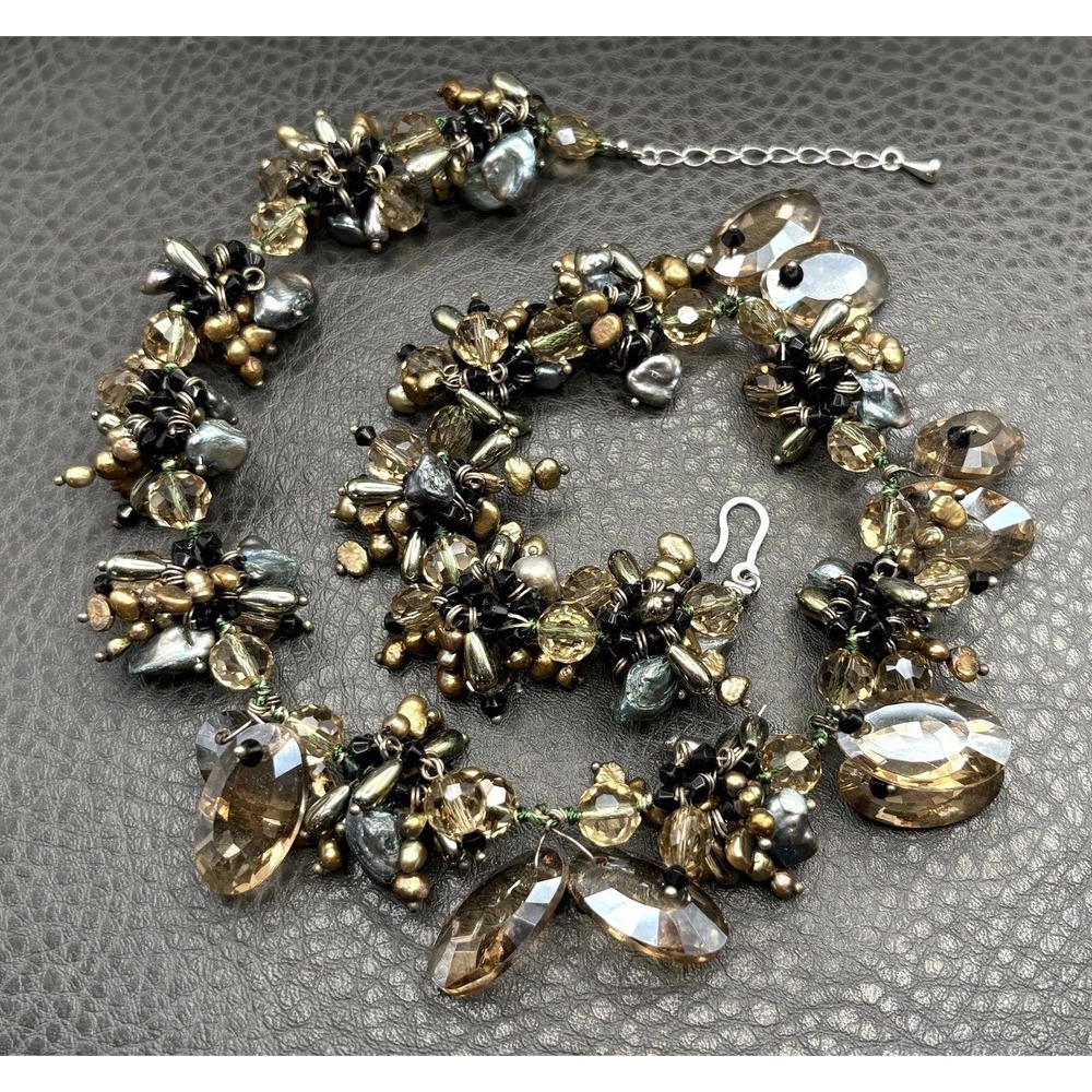 Artisan Smoky Crystal Freshwater Pearl Handmade Beaded Statement Necklace 18-19"